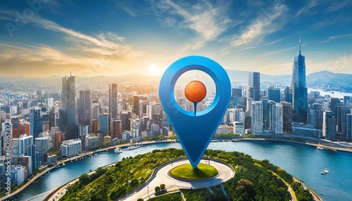 Location geo pin icon on earth city urban map indicating the location and direction, Blue geopin. Geolocation map mark. Pin location pointer, Navigation icon