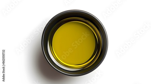 Bowl with olive oil isolated on white background, top view