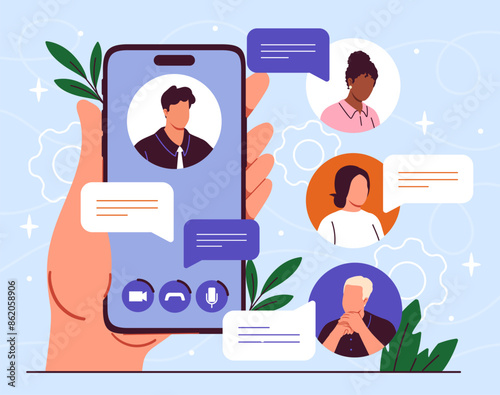 Hand holding smartphone. Communication in social networks and messengers. Men and women with video call and conference. Chatting in dialogues in social media. Cartoon flat vector illustration