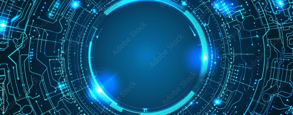 Obraz premium Abstract blue background with futuristic technology elements and circuit board patterns in a vector style, featuring glowing lights on a dark backdrop