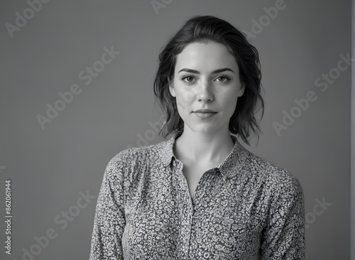 Woman in a Patterned Shirt, Portrait with Overlay Text