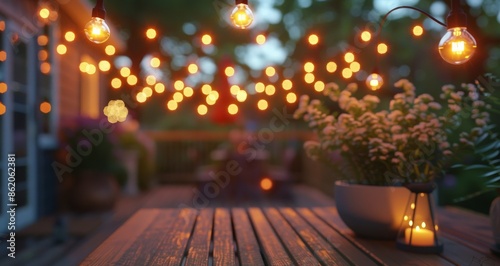 String Lights and Wooden Table on a Patio at Dusk