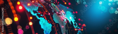 Abstract digital world map with data visualization, depicting a global business and online trading concept background with colorful light streaks and blurred city lights.
