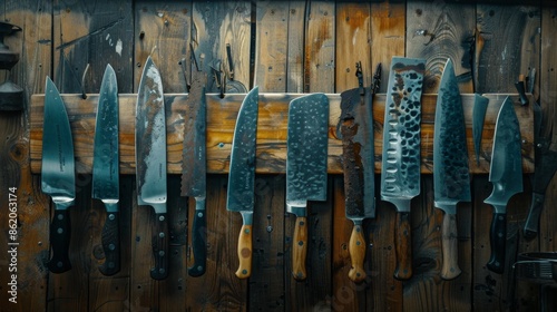 Collection of Sharp Kitchen Knives Hanging on Wooden Wall