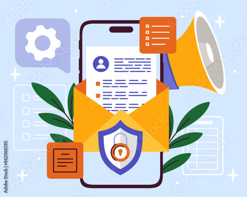 Message security at phone. Smartphone with letters. Business correspondence. Safety of personal data and information. Protection on files and documents. Cartoon flat vector illustration