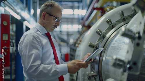 An engineer in a red tie examining data on a tablet while standing next to a large machine © Sasint