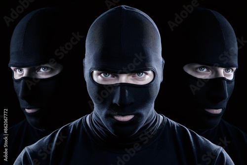 A man wearing a balaclava mask obscuring his face is isolated on a black background.