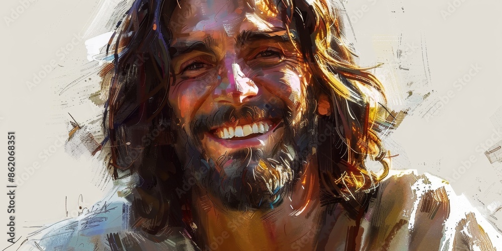 Smiling Portrait of Jesus Christ on a White Background, Symbolizing ...