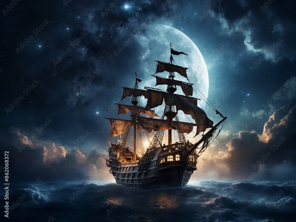 Fototapeta premium Pirate ship flying through the clouds in the night sky