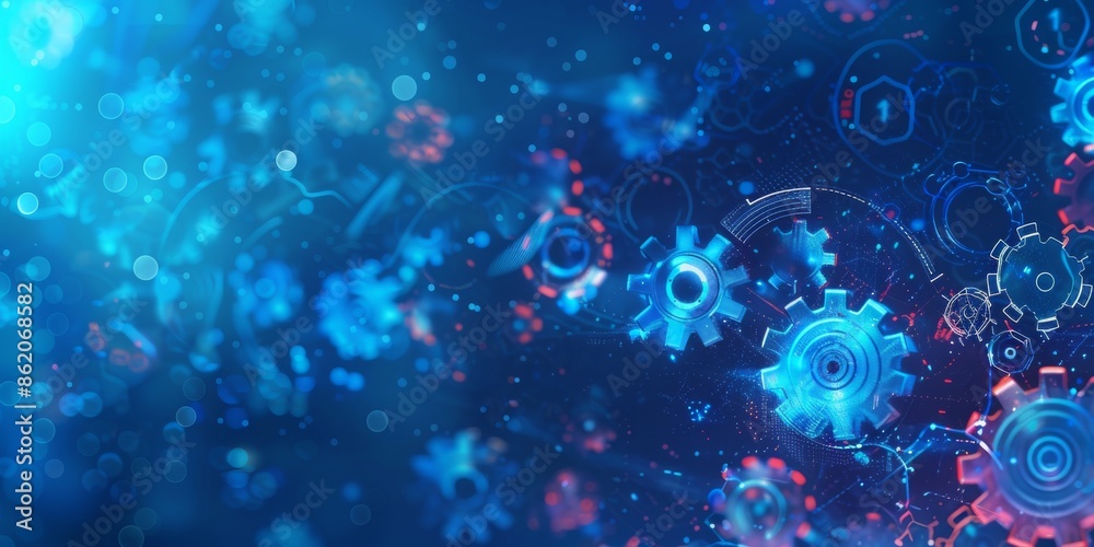 Fototapeta premium Blue background with gears and digital elements in the foreground, representing technology or mechanical engineering.