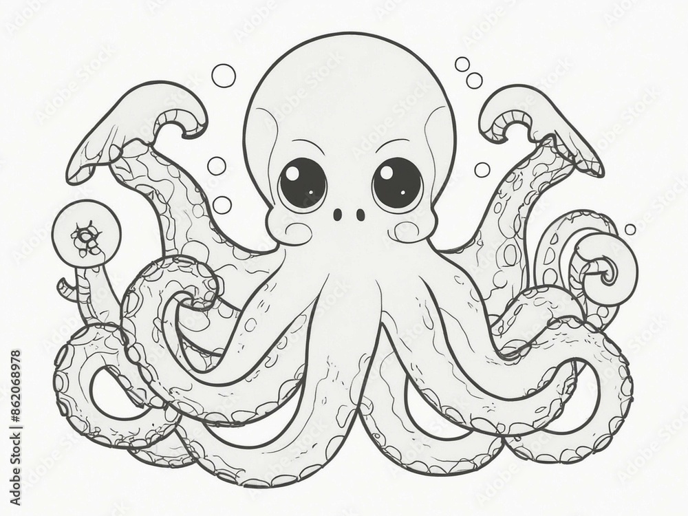 Octopus, line art, black and white, sharp lines