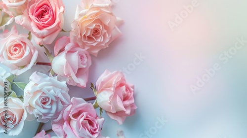 enchanting backdrop adorned with a variety of pastel-colored roses against a soft gradient background, Clean composition with a central area for text, exuding romance and elegance