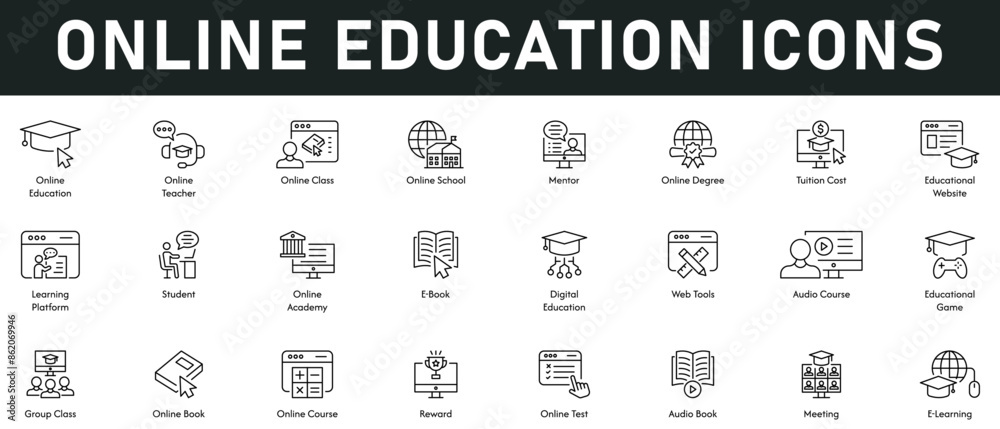 Online Education Icons vector illustration with thin line editable stroke contain teaching, class, school, mentor, online, degree, website, platform, students, academy, e-book, digital education, test Online Education Icons vector illustration with thin line editable stroke contain teaching, class, school, mentor, online, degree, website, platform, students, academy, e-book, digital education, test