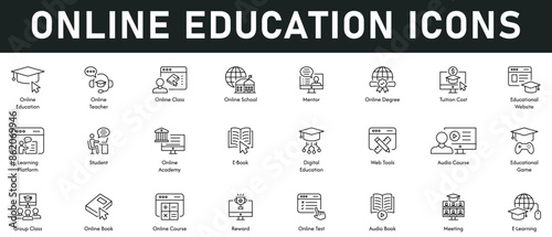 Online Education Icons vector illustration with thin line editable stroke contain teaching, class, school, mentor, online, degree, website, platform, students, academy, e-book, digital education, test