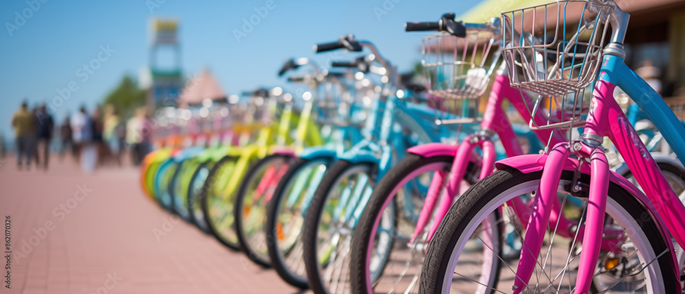 Fototapeta premium Vibrant Beach Bicycles Awaiting Riders