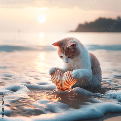 Wallpaper Mural cat and sea.Generative AI Torontodigital.ca