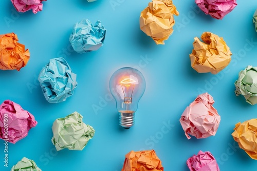 Creative idea concept with crumpled paper balls and a light bulb on a blue background, shown from a top view. photo