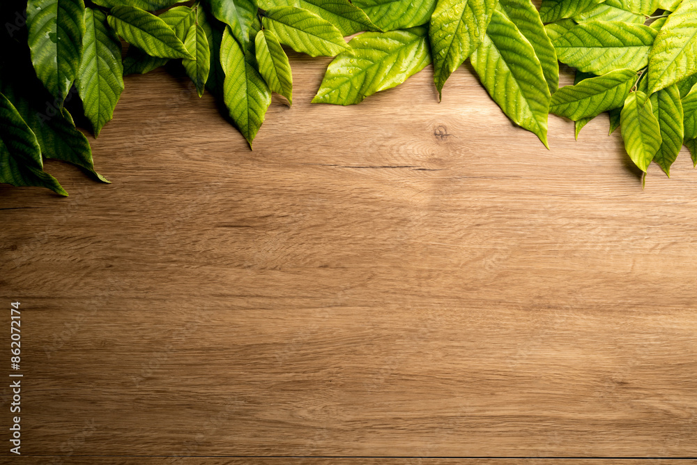 Green leaves framing on wooden floors, background natural. Green leaves framing on wooden floors, background natural.