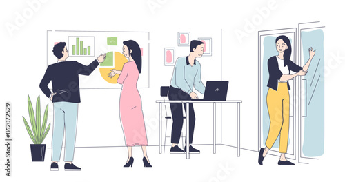 People work in office concept. Colleagues and workers work at common project at workplace. Team of analysts conduct marketing reserarch with graphs and diagrams. Linear flat vector illustration