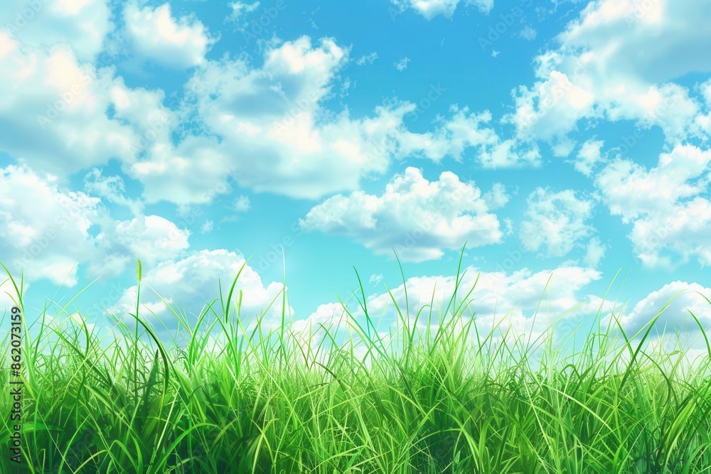 Fototapeta premium Serene Sky and Lush Grass Landscape. Heavens meeting earth concept
