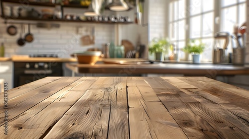 Empty wooden table and blurred kitchen background