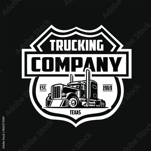 Trucking company badge emblem logo vector. Ready made logo. Monochrome in black background