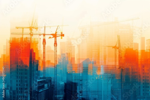 Double exposure construction site with tower cranes and building silhouette, double layered background of cityscape with skyscrapers at sunset.