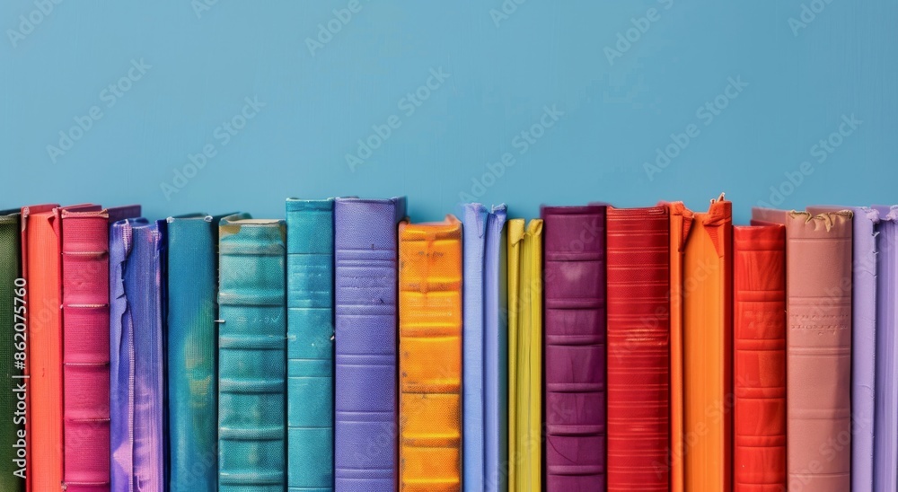 Colorful Books Arranged in a Row Against a Blue Background Colorful Books Arranged in a Row Against a Blue Background