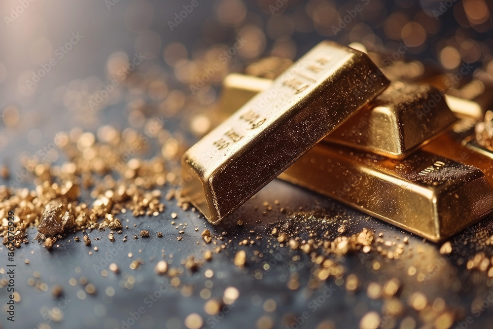 Closeup view of gold bars on dark background with gold grains