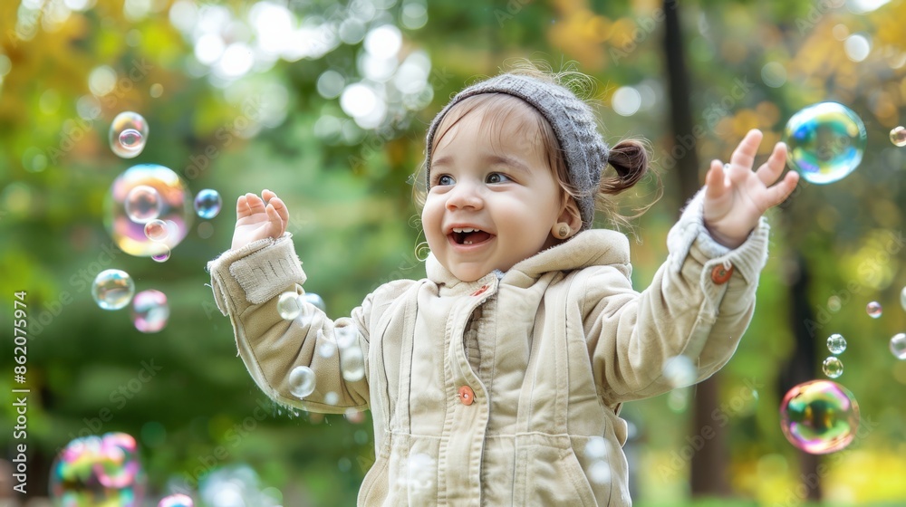 A young child excitedly playing with bubbles in a park A young child excitedly playing with bubbles in a park