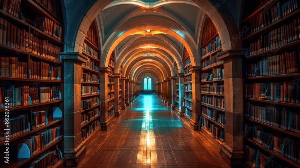 A long, narrow library with many bookshelves. Generate AI image A long, narrow library with many bookshelves. Generate AI image