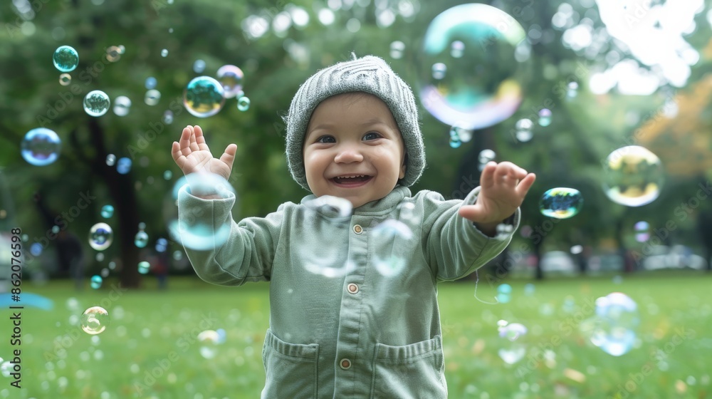 A young child excitedly playing with bubbles in a park A young child excitedly playing with bubbles in a park