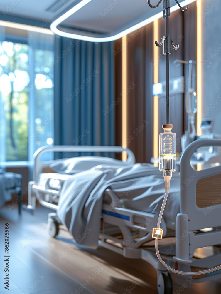 High Resolution Image of IV Stand Next to Hospital Bed with Patient in Clinical Care Setting for Medical, Healthcare, and Hospital Use High Resolution Image of IV Stand Next to Hospital Bed with Patient in Clinical Care Setting for Medical, Healthcare, and Hospital Use