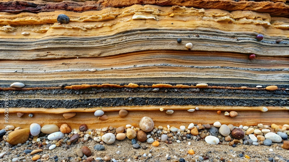 Foto de sedimentary layers of the rock in the sand scree. sand, pebbles ...