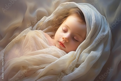 A newborn baby wrapped in a soft blanket, sleeping peacefully, newborn, innocence and tranquilityVector graphic illustration appropriate to the content