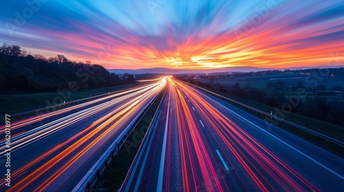 A highspeed concept image captures a dynamic timelapse photo of a freeway at dusk