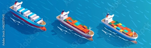 Isometric view of three cargo ships with containers on the sea, blue background, in the style of vector illustration, flat design, high resolution, simple shapes