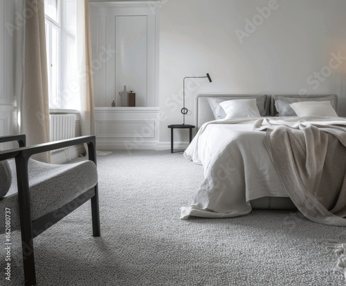 Minimalist bedroom with a large bed, white walls and a carpeted floor.