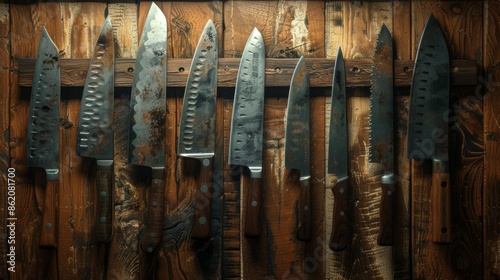 Collection of Sharp Kitchen Knives Hanging on Wooden Wall