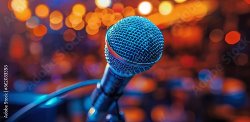 Close Up Of A Microphone On A Stage With Blurred Lights In The Background
