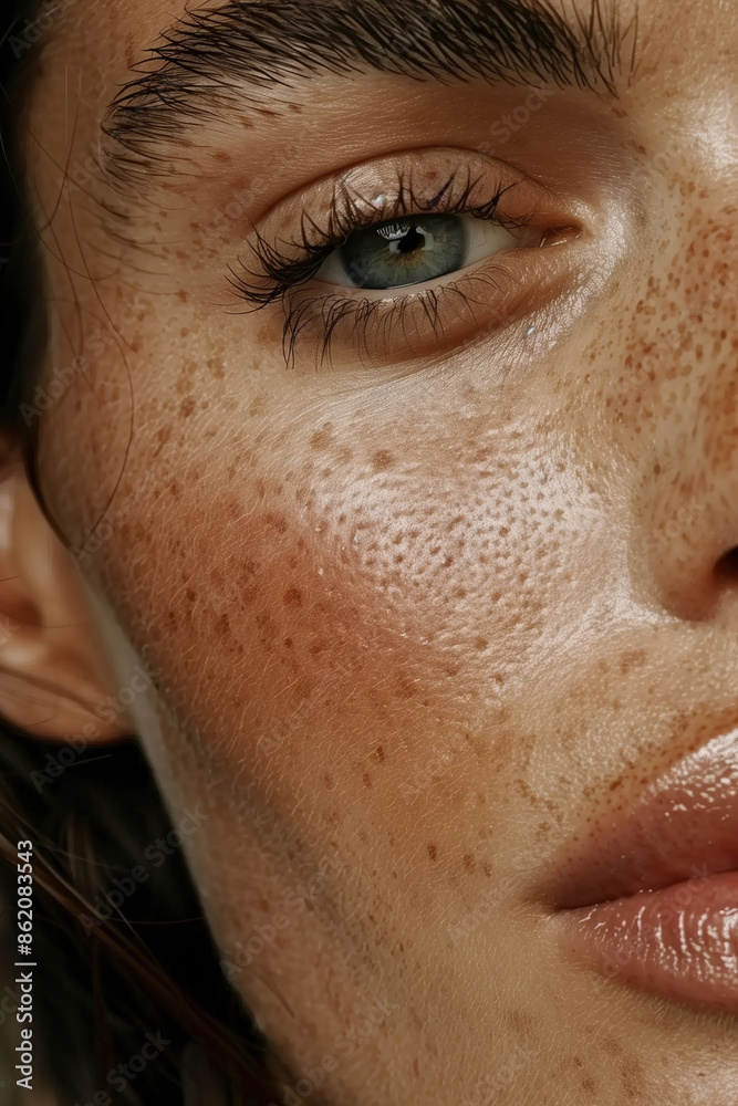 Ultra-Detailed Close-Up Photo of a Middle-Aged Woman's Face Highlighting Pristine, Healthy Skin Ultra-Detailed Close-Up Photo of a Middle-Aged Woman's Face Highlighting Pristine, Healthy Skin