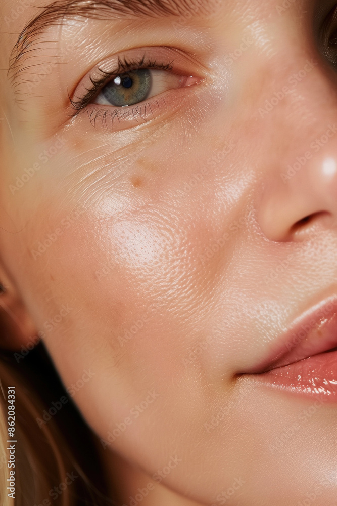 Naklejka premium Detailed Close-Up of a Young Woman in Her 30s with Glowing, Healthy Skin, Without Makeup