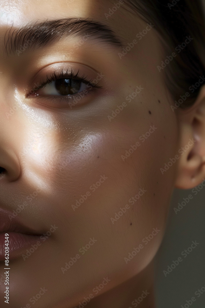 Obraz premium Detailed Close-Up of a Young Woman in Her 30s with Glowing, Healthy Skin, Without Makeup