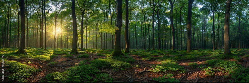 Fototapeta premium Panoramic photo of an enchanting forest, lush green trees with sunlight filtering through the canopy, vibrant and lively atmosphere, capturing the beauty of nature's tranquility