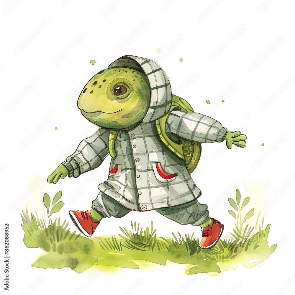 Obraz premium watercolor style, a happy little green turtle in a hoodie top and red sneakers is depicted walking and sitting on the grass, set against a white background.