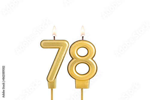 Birthday candle number 78 on white background