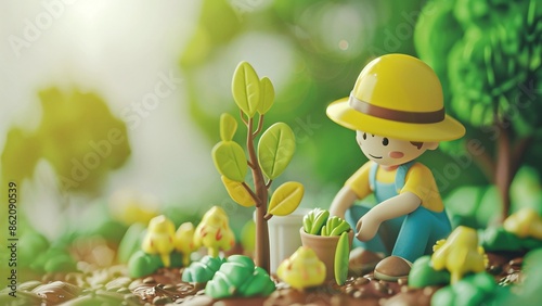 3D cartoon farmland planting seedlings potted green plants scene picture