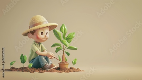 3D cartoon farmland planting seedlings potted green plants scene picture