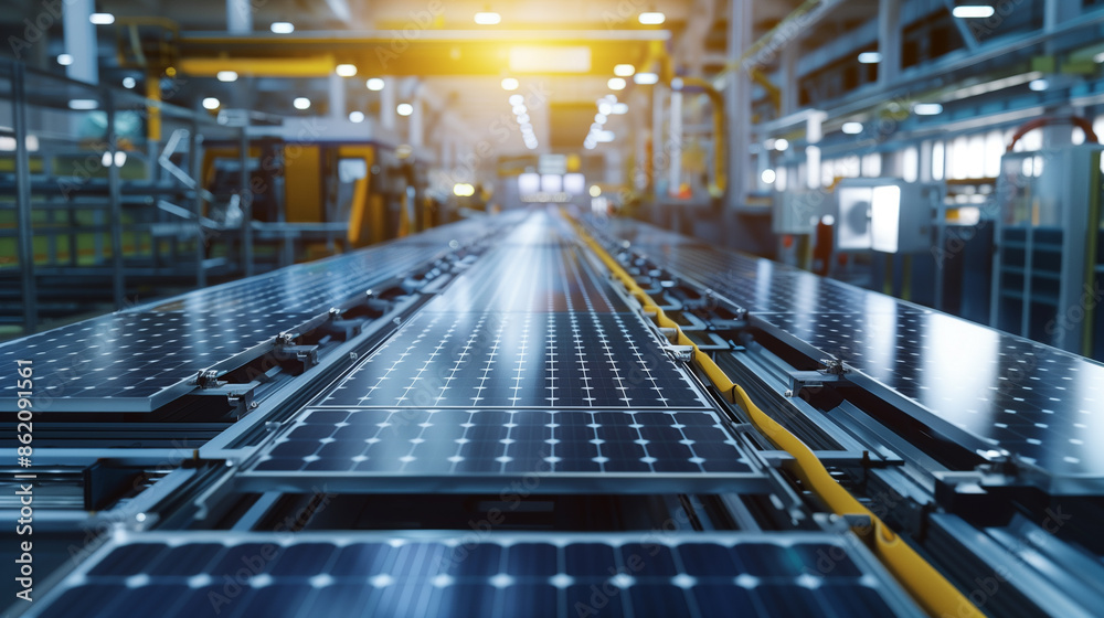 Fototapeta premium solar panels assembly line in manufacturing factory, solar panel production 