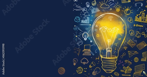 Yellow light bulb with hand drawn business icons on a dark blue background, idea concept banner design for creative thinking and innovative ideas in the style of advertising campaign